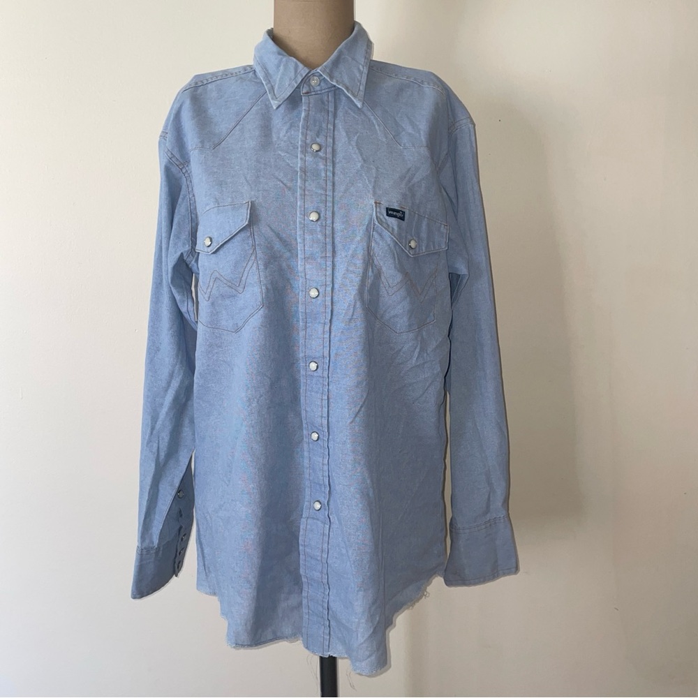 Wrangler Light Blue Casual Western Button-Down Shirt VNTGE Pearl snaps